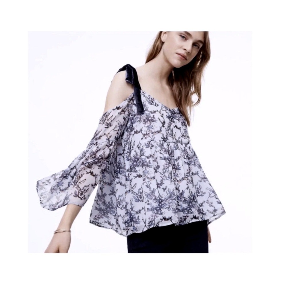 LOFT Blouse Women SP Blue Floral Velvet Tie Cold Shoulder Bell Sleeve Romantic